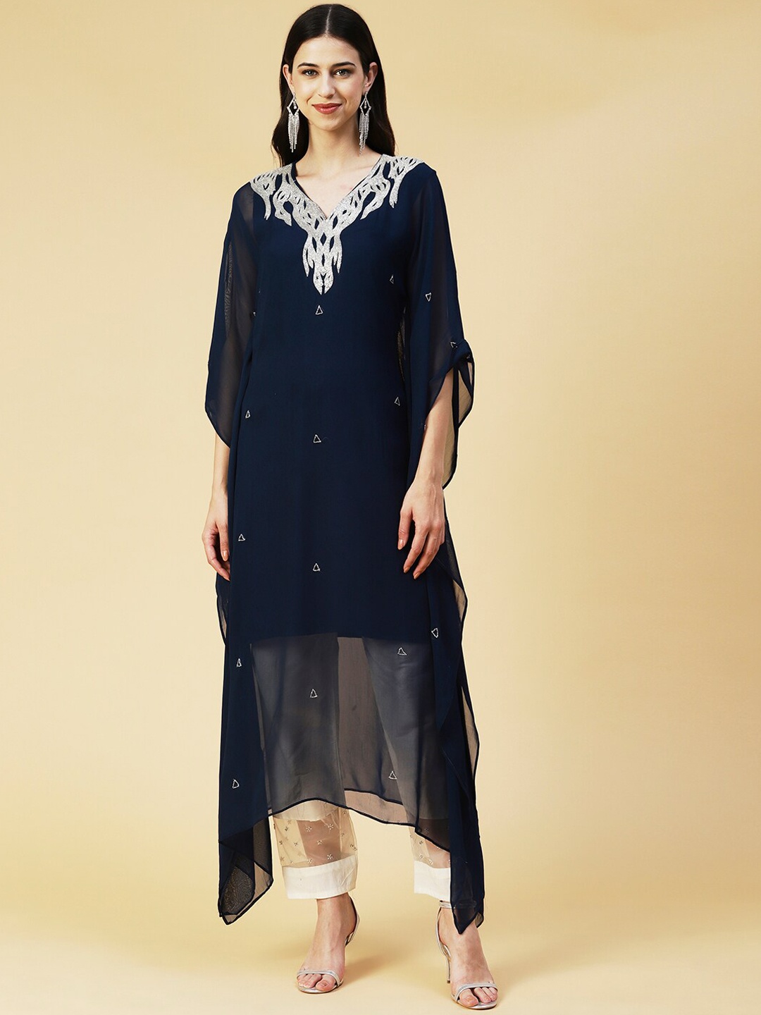 

FASHOR Women Embellished Extended Sleeves Georgette Kaftan Kurta, Navy blue