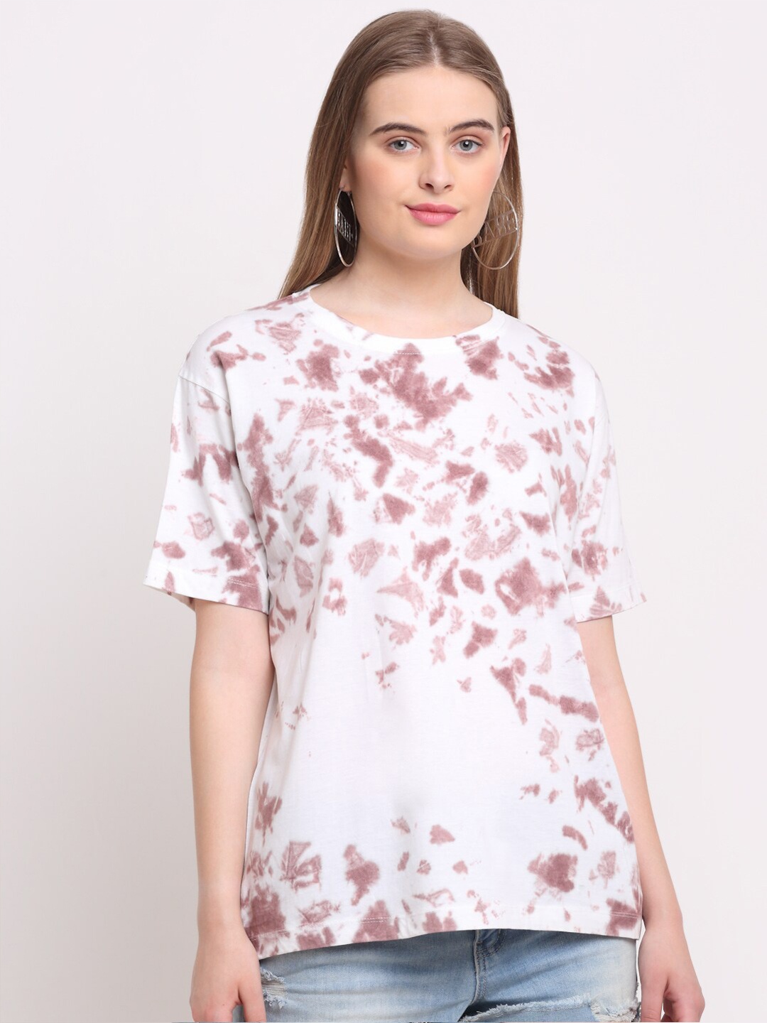 

Ennoble Women Tie and Dye Drop-Shoulder Sleeves Cotton T-shirt, Brown