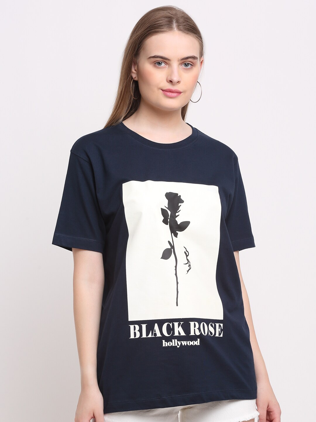 

Ennoble Women Printed Cotton T-shirt, Navy blue