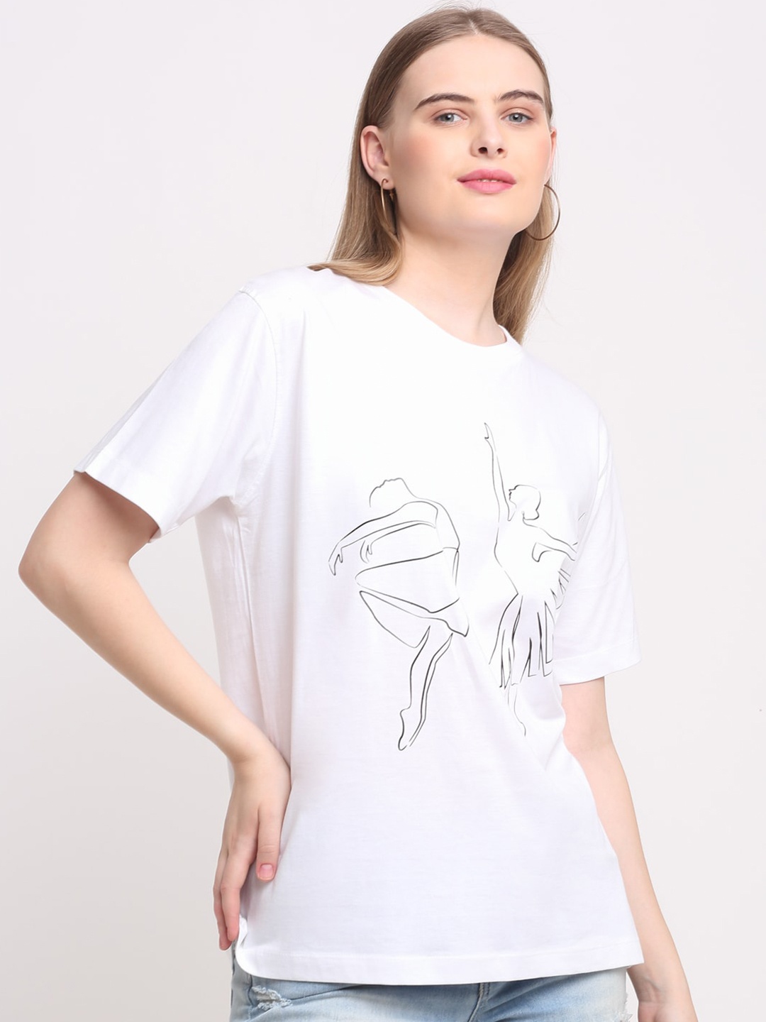 

Ennoble Women Printed Drop-Shoulder Sleeves Cotton T-shirt, White