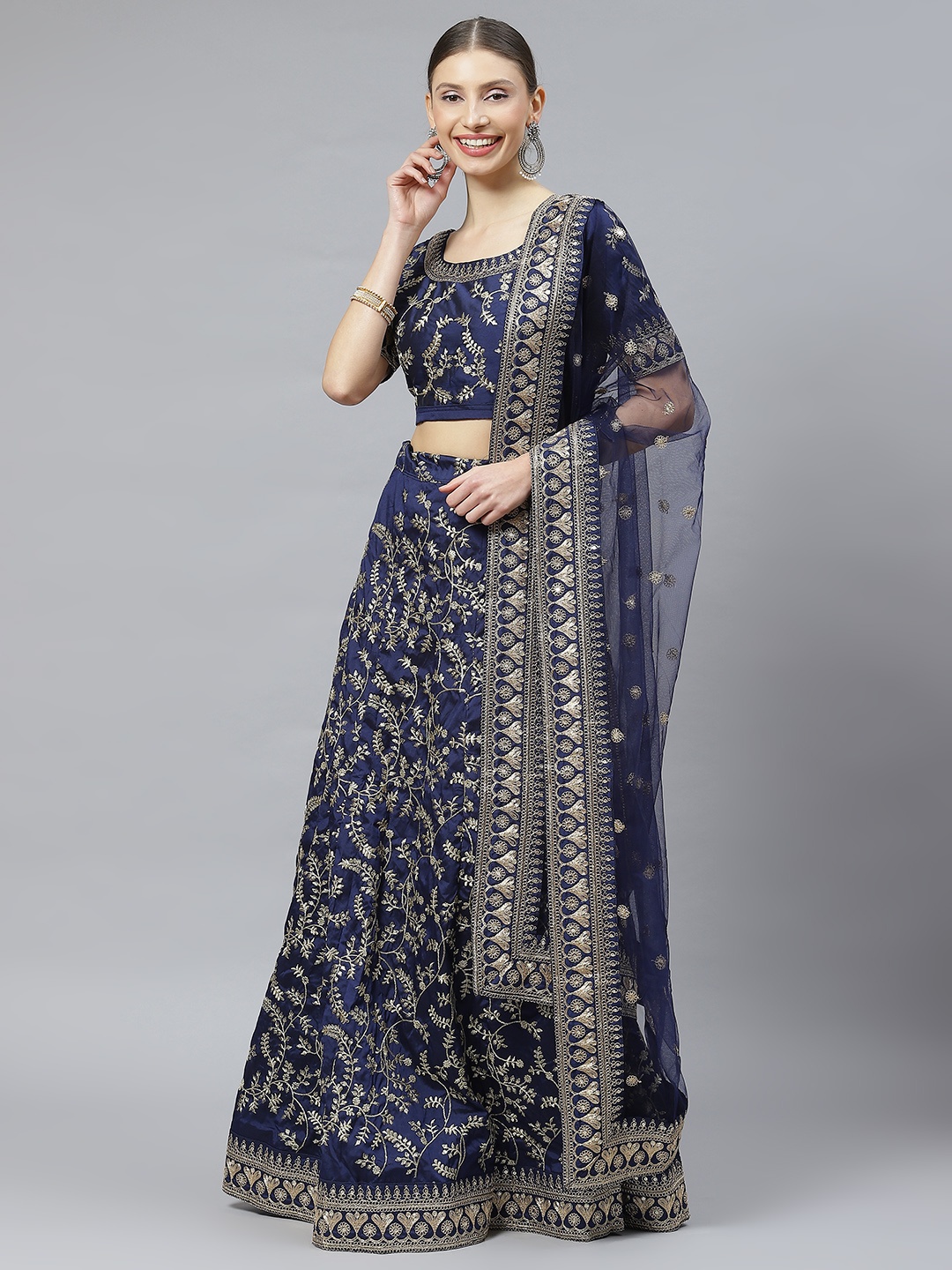 

Readiprint Fashions Embroidered Semi-Stitched Lehenga & Unstitched Blouse With Dupatta, Navy blue