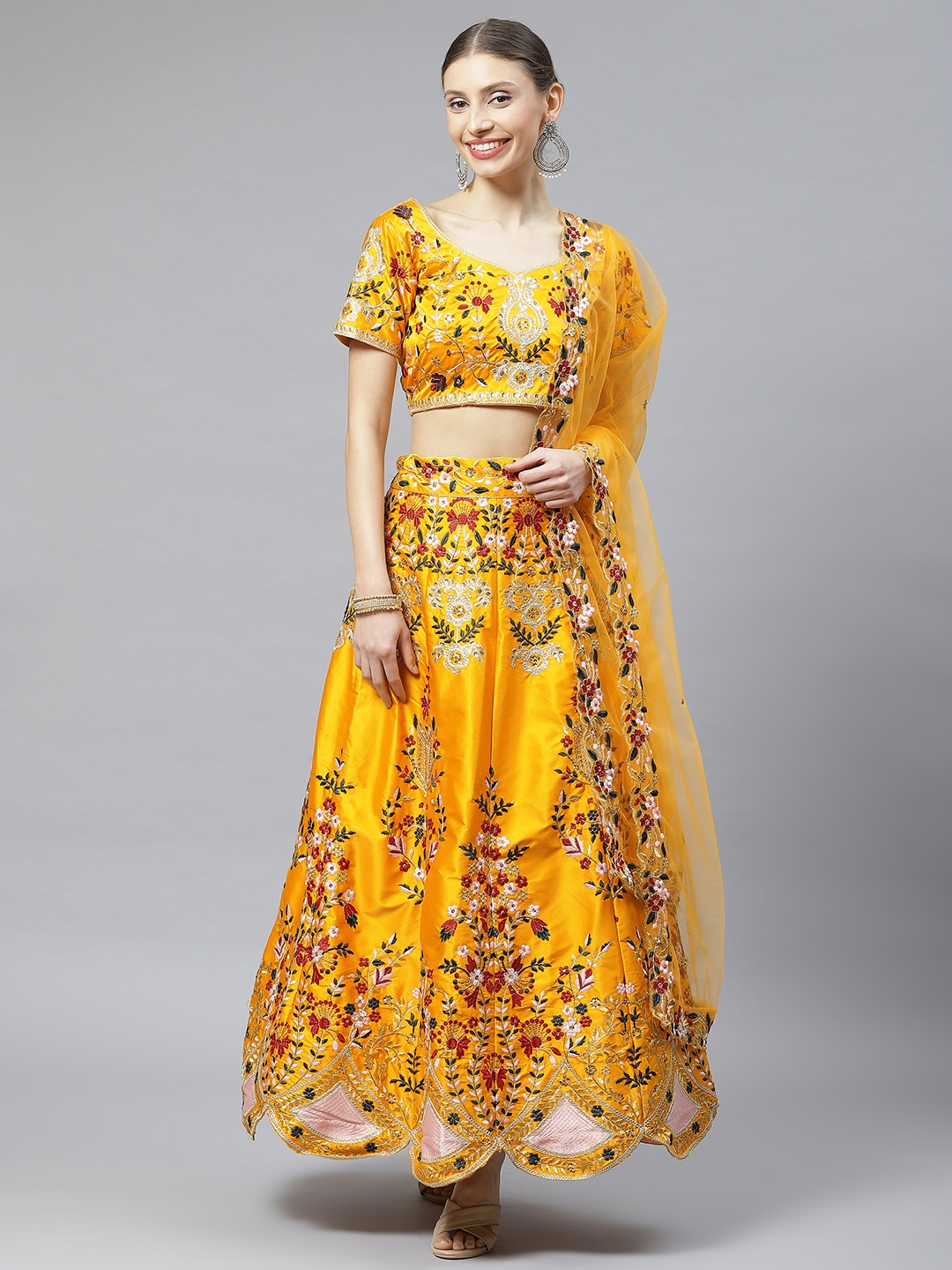 

Readiprint Fashions Embroidered Semi-Stitched Lehenga & Unstitched Blouse With Dupatta, Mustard