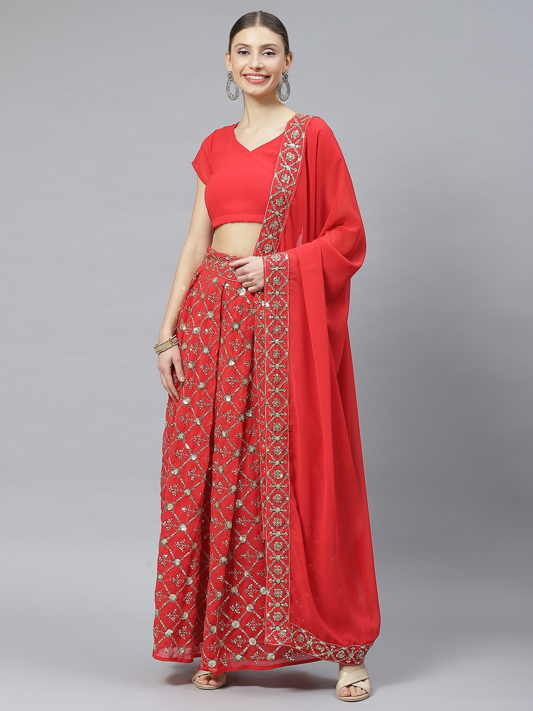 

Readiprint Fashions Sequinned Semi-Stitched Lehenga & Unstitched Blouse With Dupatta, Red