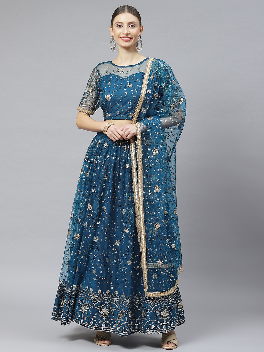 

Readiprint Fashions Sequinned Semi-Stitched Lehenga & Unstitched Blouse With Dupatta, Blue