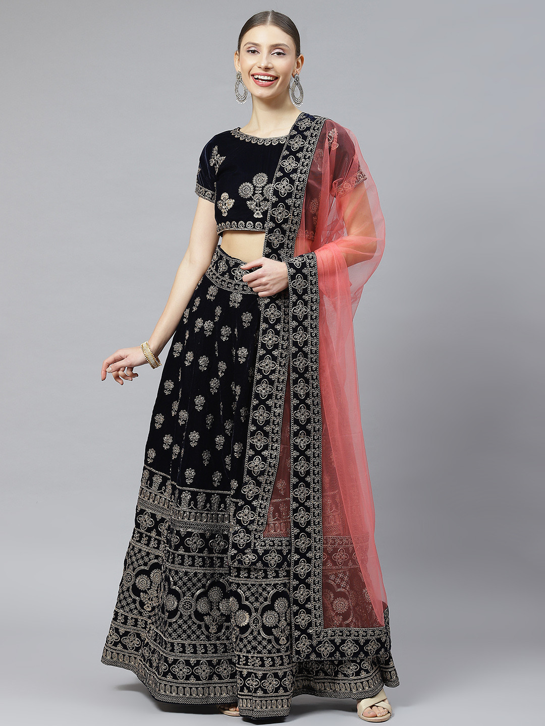 

Readiprint Fashions Embroidered Semi-Stitched Lehenga & Unstitched Blouse With Dupatta, Navy blue