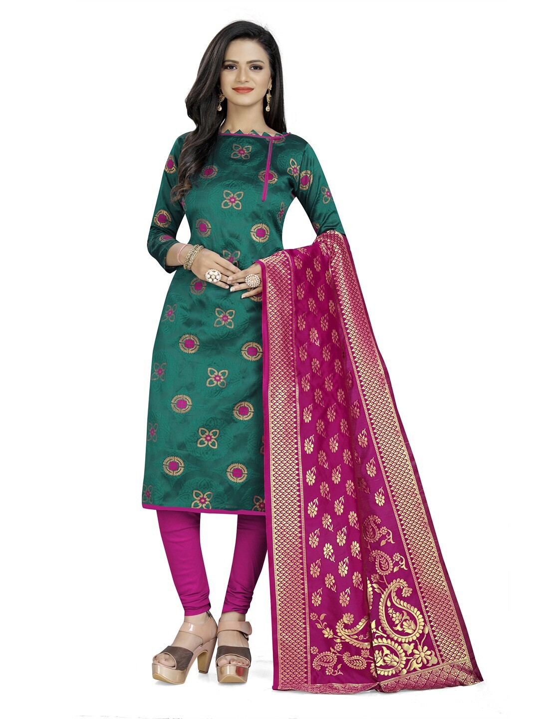 

Angroop Green & Pink Unstitched Dress Material