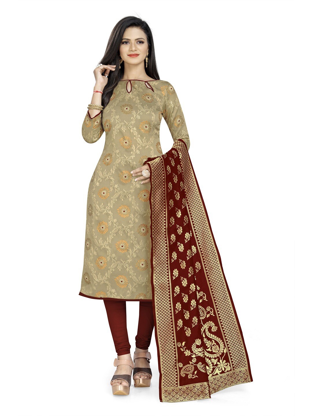 

Angroop Beige & Maroon Unstitched Dress Material