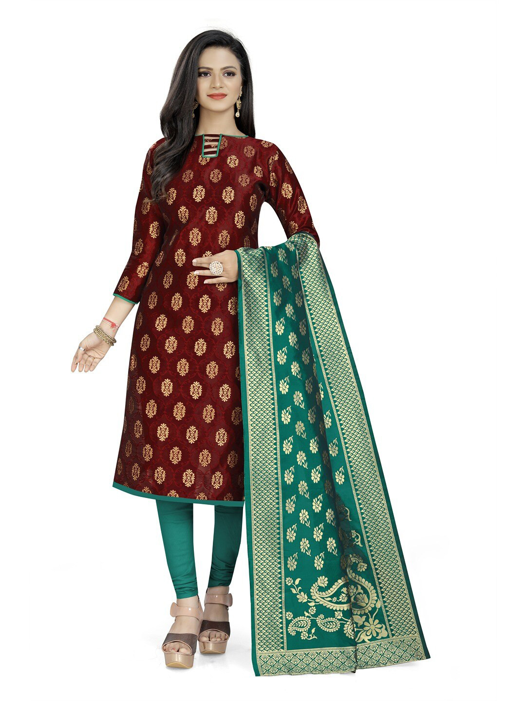 

Angroop Maroon & Green Unstitched Dress Material