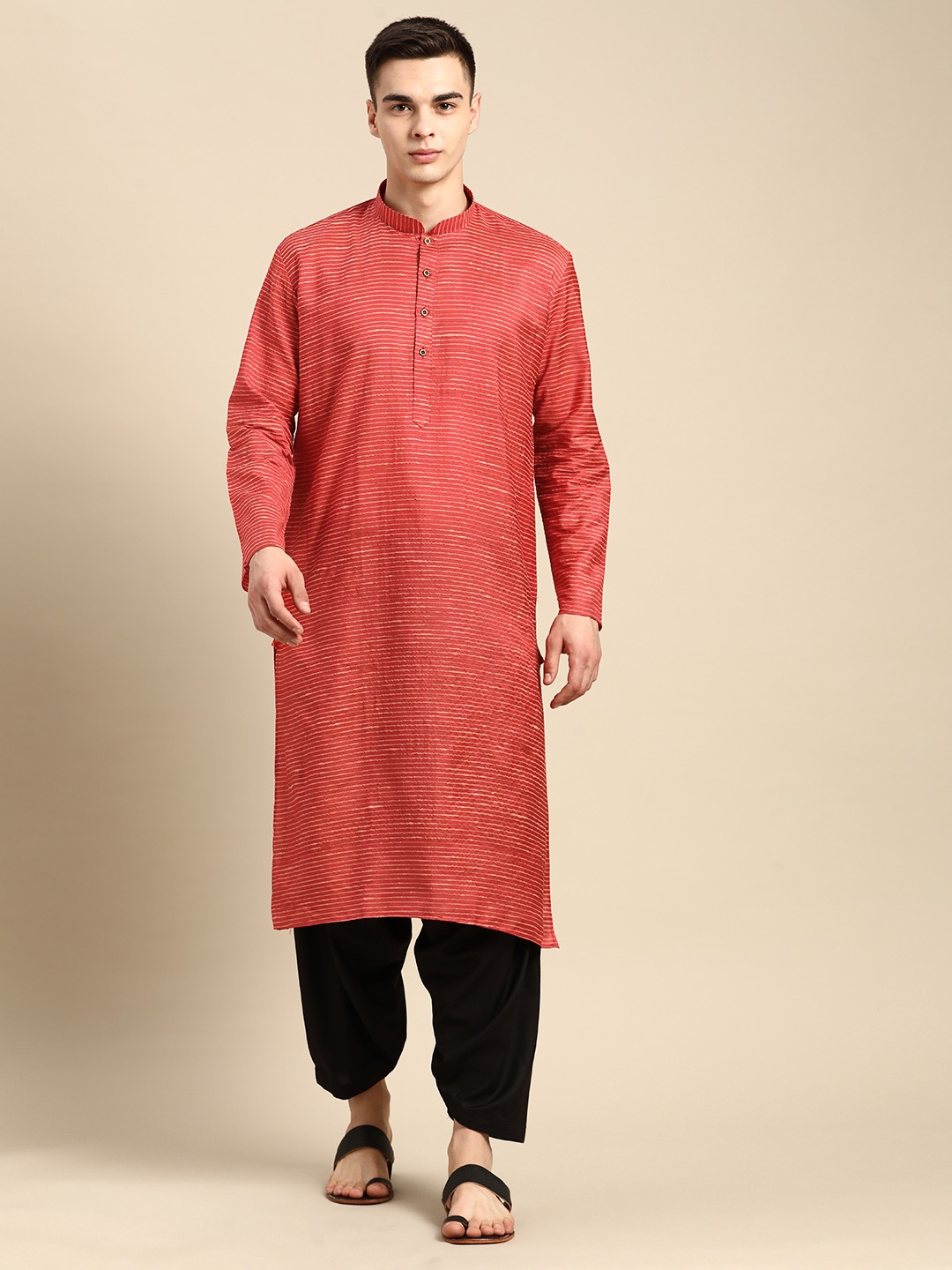 

RAJUBHAI HARGOVINDAS Men Striped Silk Kurta, Red