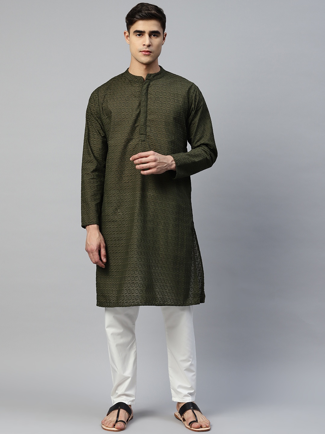 

Readiprint Fashions Men Ethnic Motifs Embroidered Pure Cotton Kurta With Pyjamas, Olive