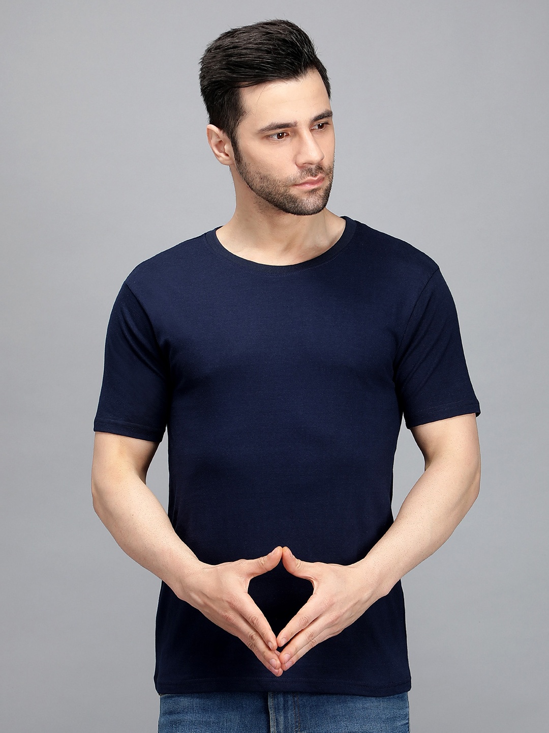 

TRENDY RABBIT Men Round Neck Cotton T-shirt, Navy blue