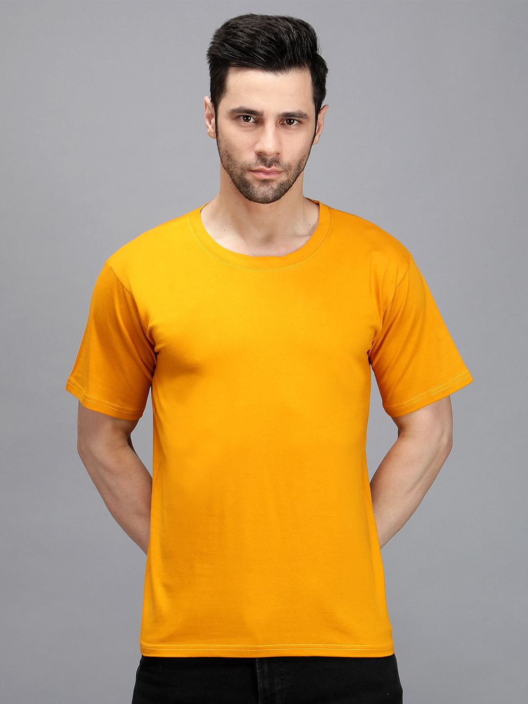 

TRENDY RABBIT Men Round Neck Cotton T-shirt, Mustard