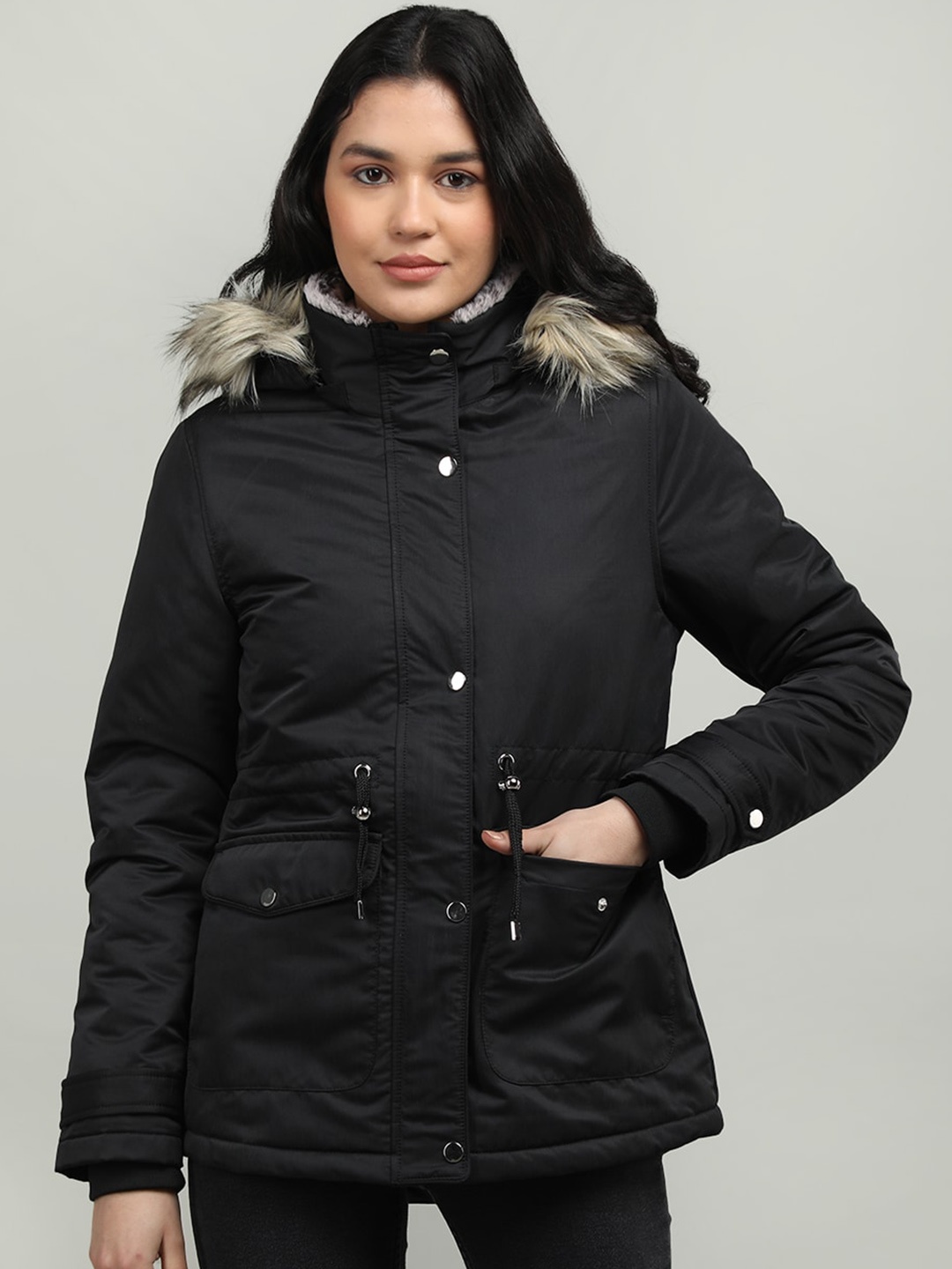 

LURE URBAN Women Floral Puffer Jacket, Black