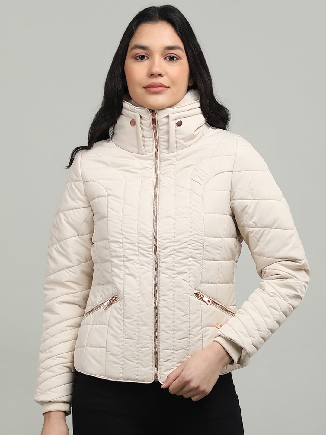 

LURE URBAN Women Mock collar Padded Jacket, Cream