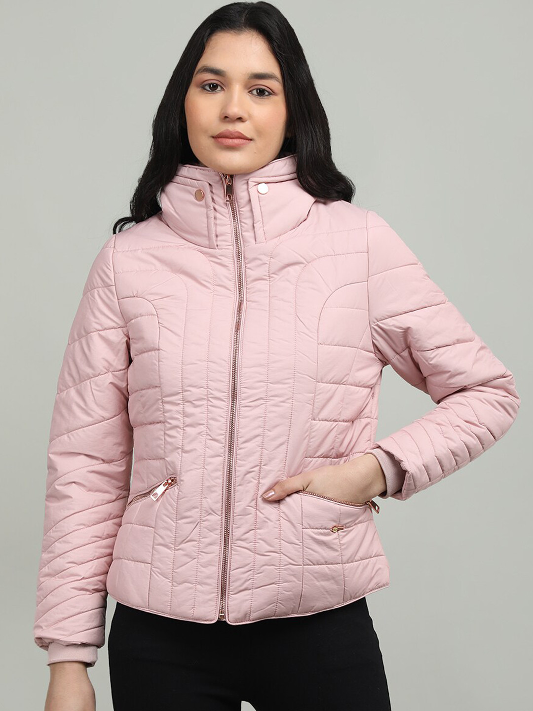 

LURE URBAN Women Mock Collar Puffer Jacket, Pink