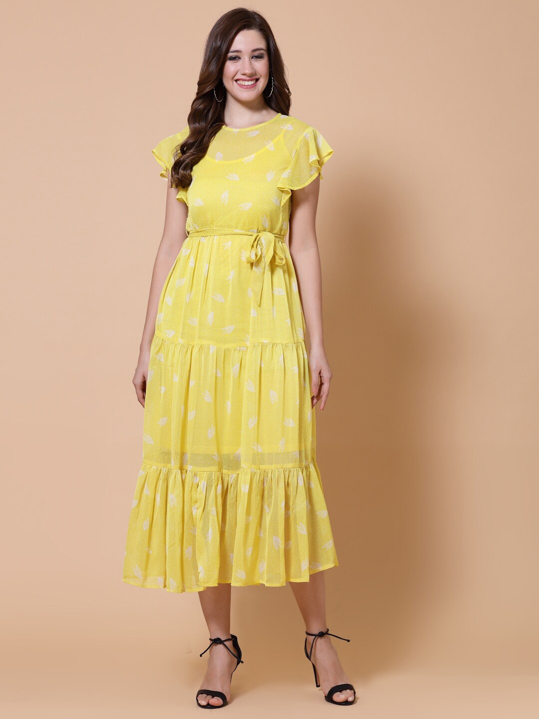 

HOUSE OF KKARMA Yellow Floral Crepe Midi Dress