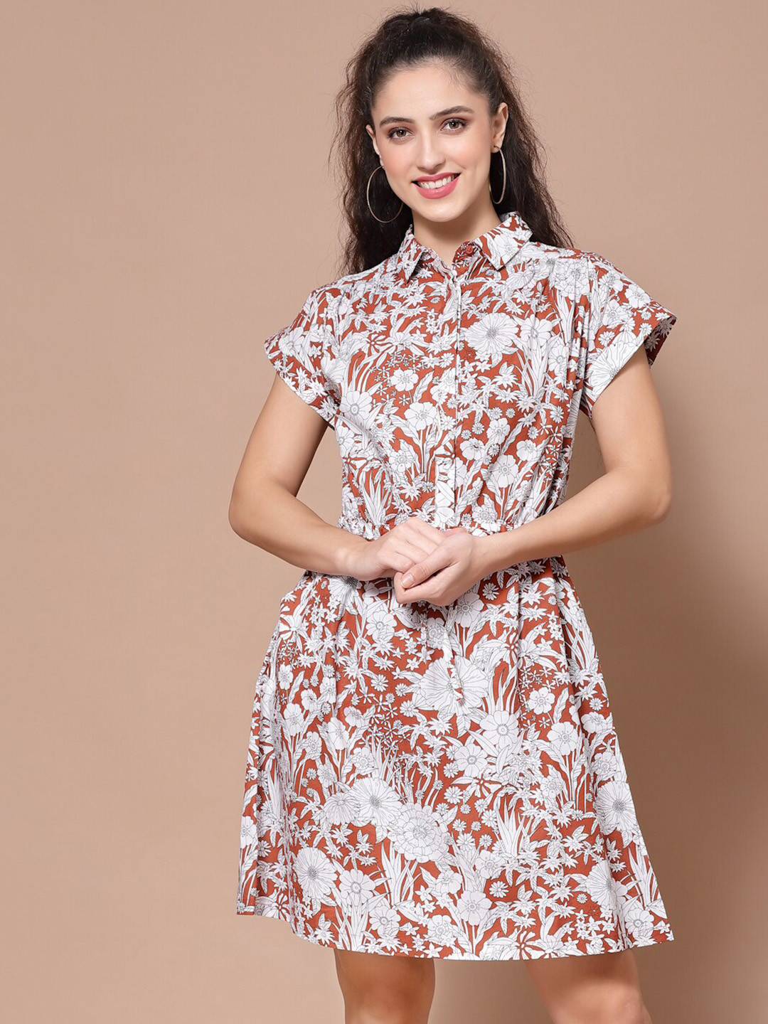 

HOUSE OF KKARMA Floral Shirt Cotton Dress, Rust