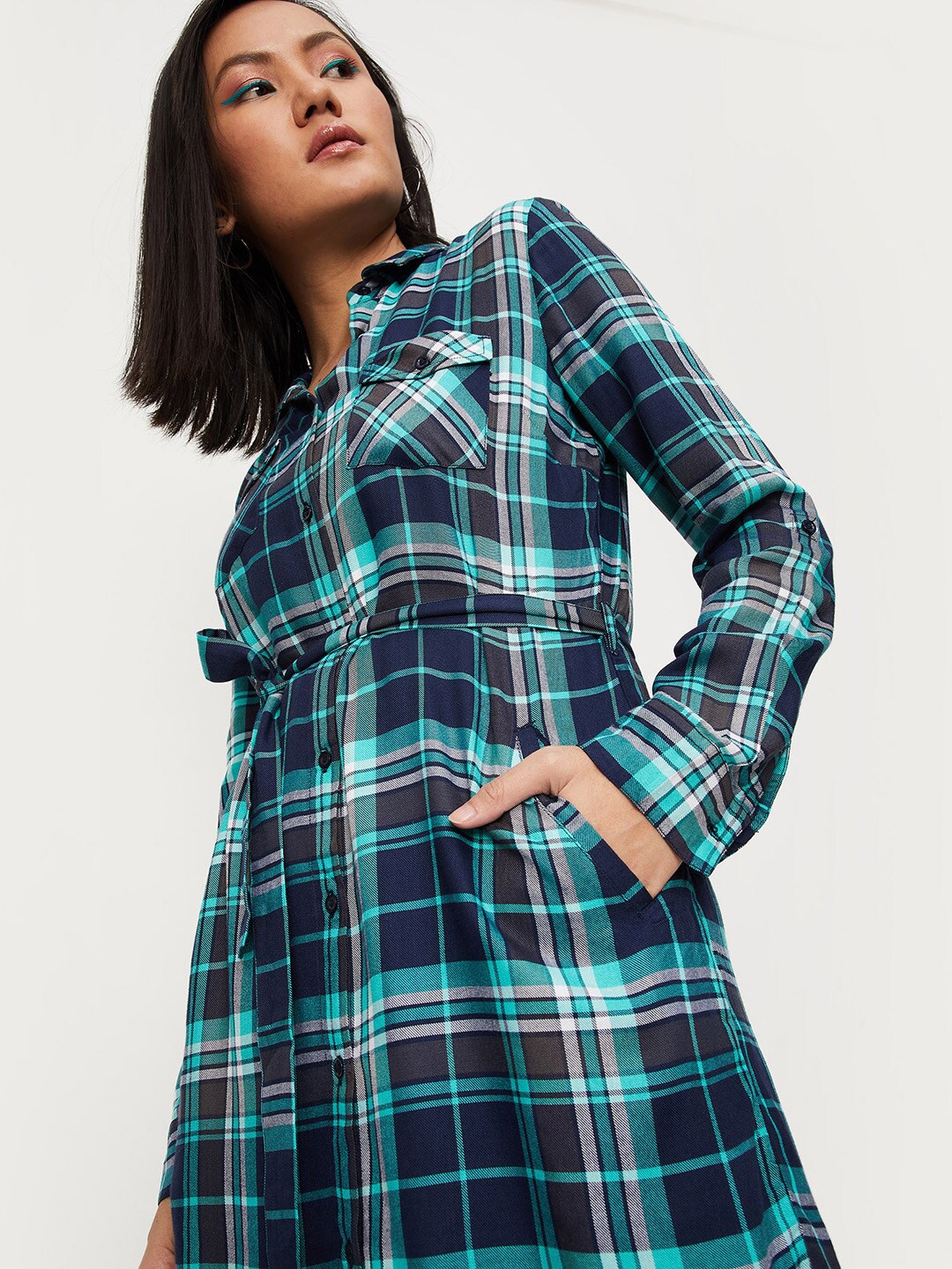 

max Checked Shirt Dress, Navy blue