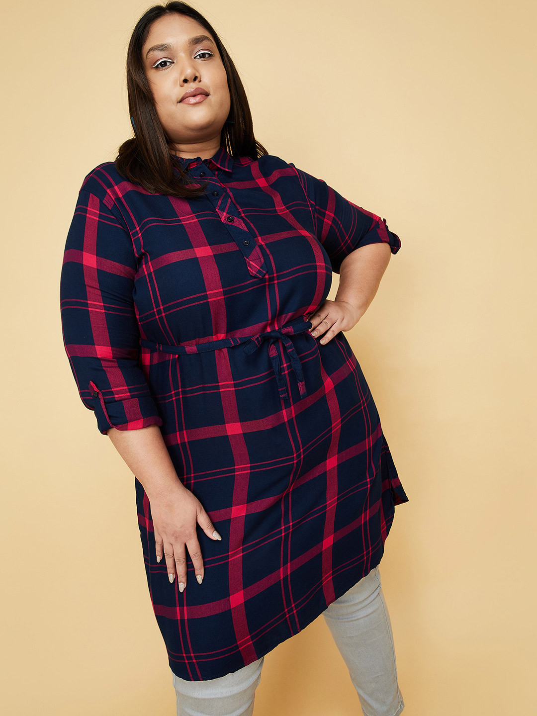 

max Plus Size Shirt Collar Checked Tunic, Navy blue