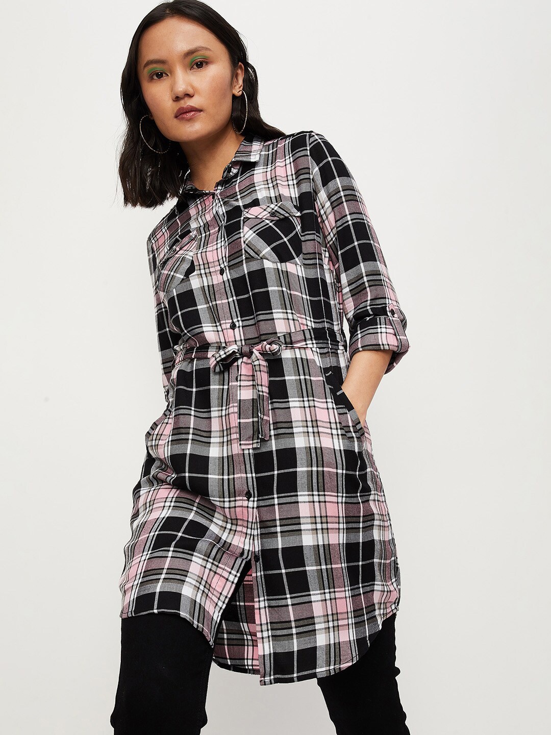 

max Viscose Rayon Shirt Collar Checked Tunic, Black