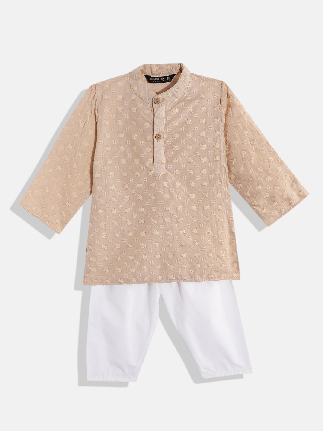 

Readiprint Fashions Boys Ethnic Motifs Embroidered Pure Cotton Kurta With Pyjamas, Beige