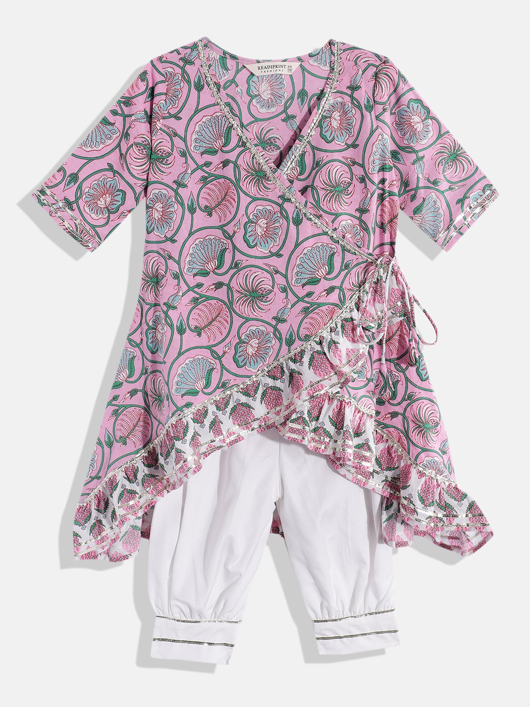 

Readiprint Fashions Girls Floral Printed Angrakha Gotta Patti Pure Cotton Kurti Set, Pink