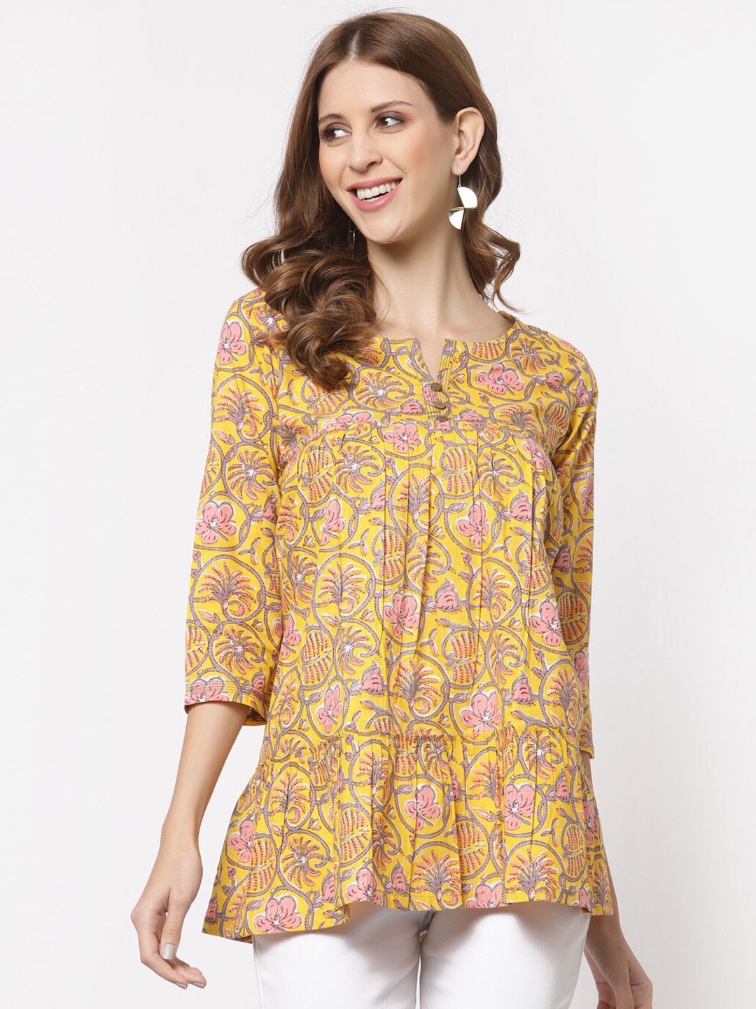 

KAMI KUBI Ethnic Printed Tiered Pure Cotton Tunic, Yellow
