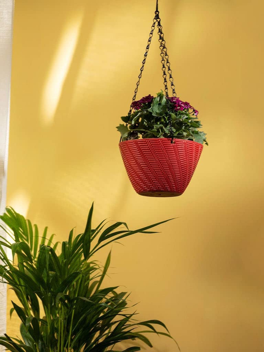 

TrustBasket Yellow & Red Set Of 3 Textured Hanging Pot With Chain