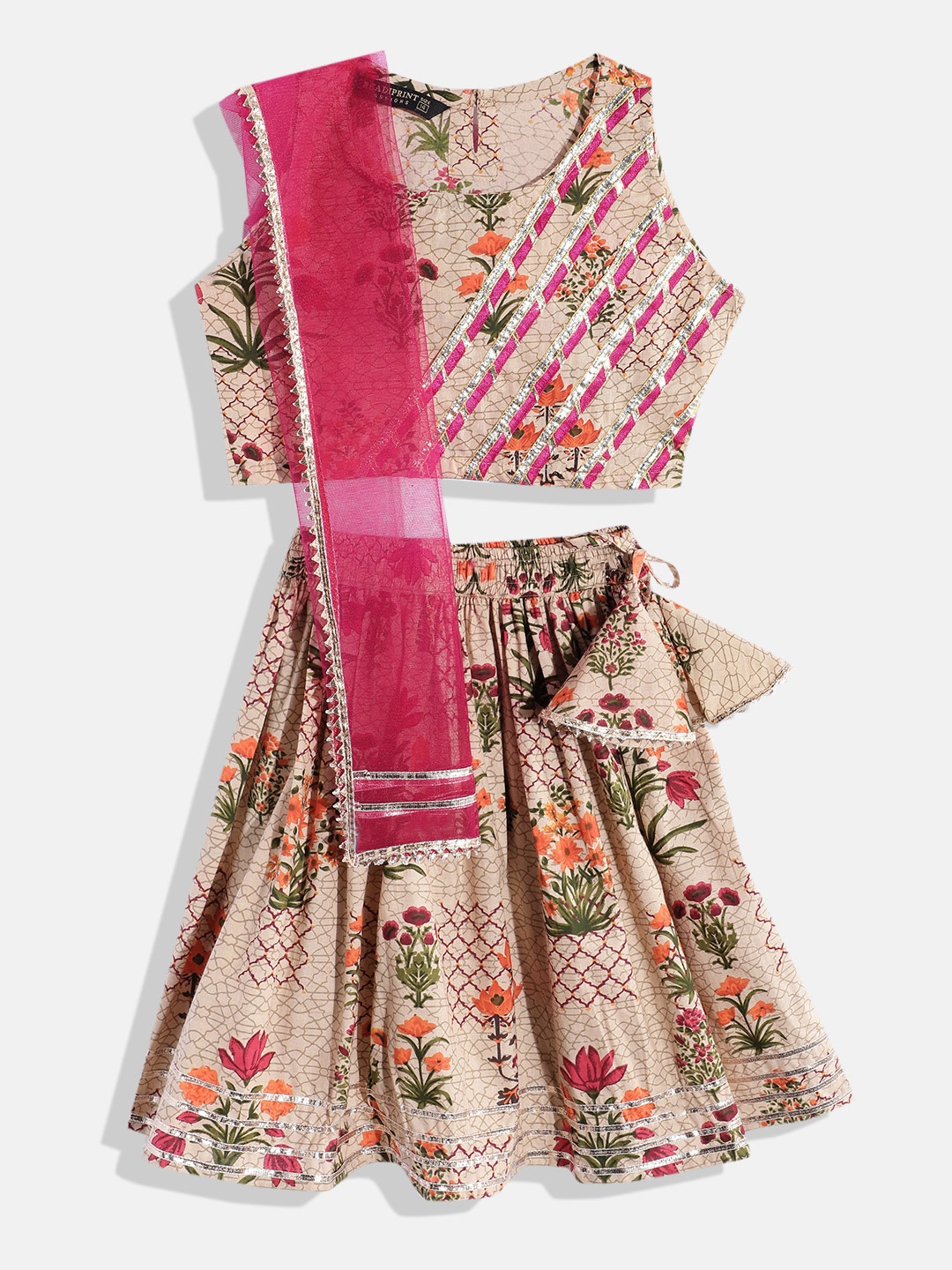 

Readiprint Fashions Girls Printed Ready to Wear Lehenga & Blouse With Dupatta, Beige