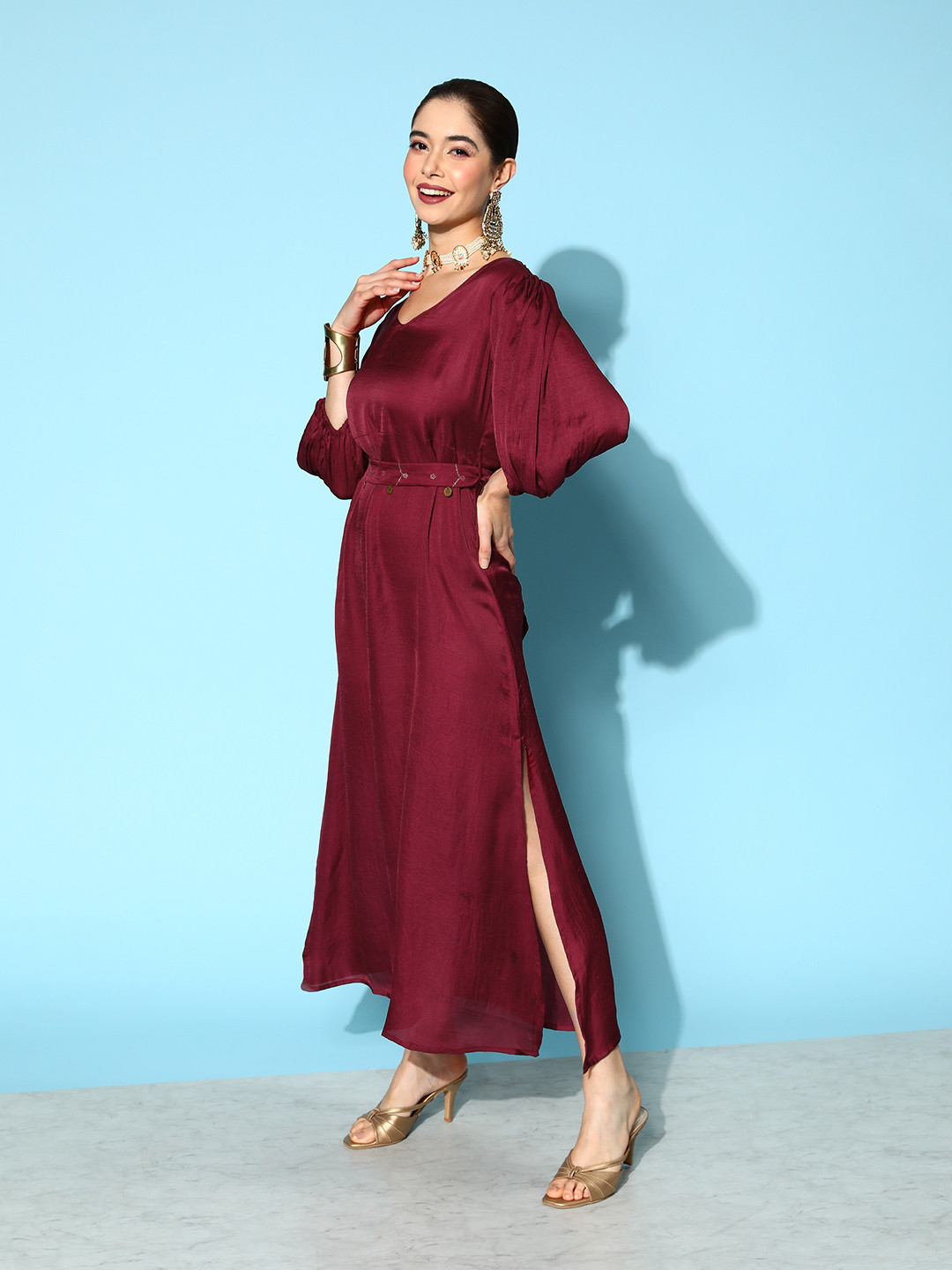 

Yufta Maroon Puff Sleeves A-Line Midi Ethnic Dress With Belt