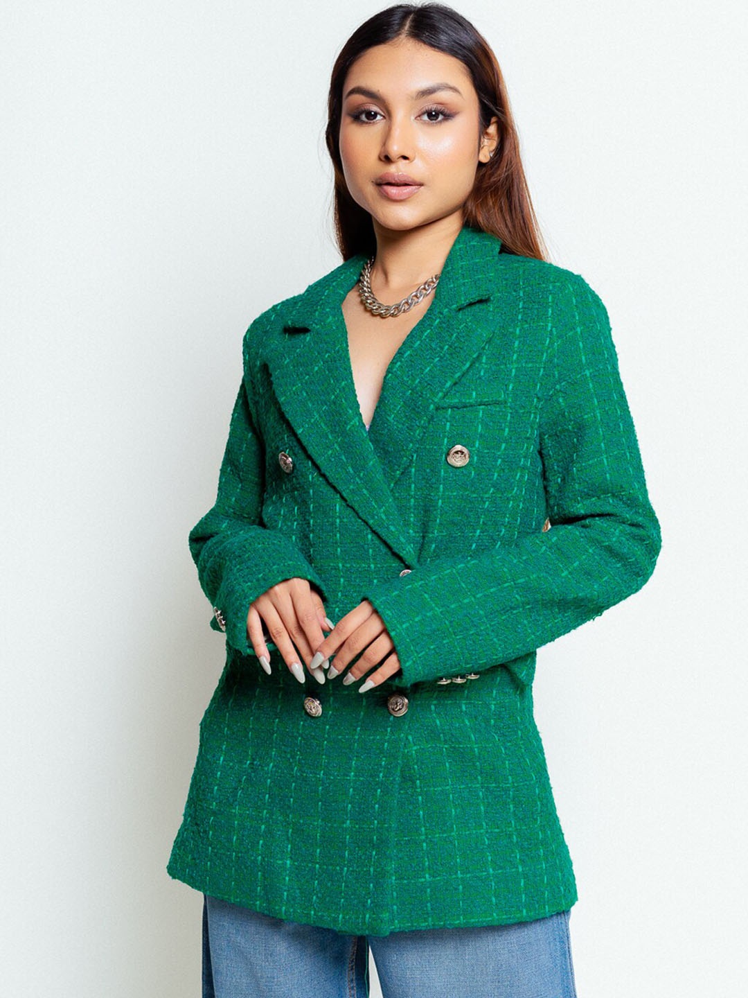 

FREAKINS Woman Checked Tweed Double-Breasted Blazer, Green