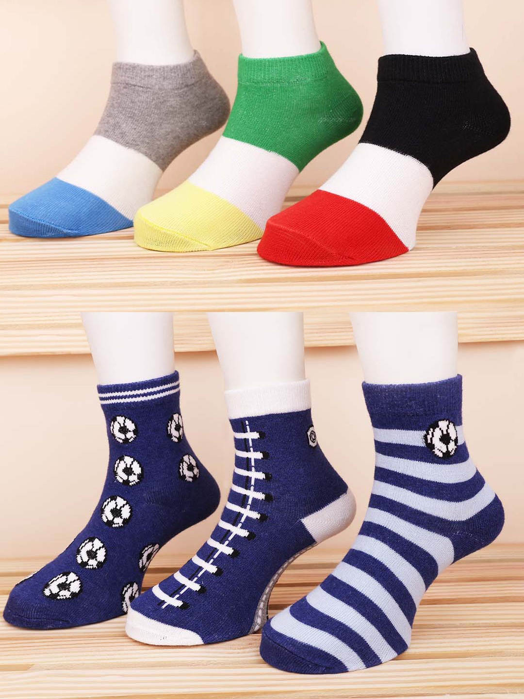 

FOOTPRINT 6 Pairs Infant Kids Patterned Ankle-Length Organic Cotton Socks, Blue