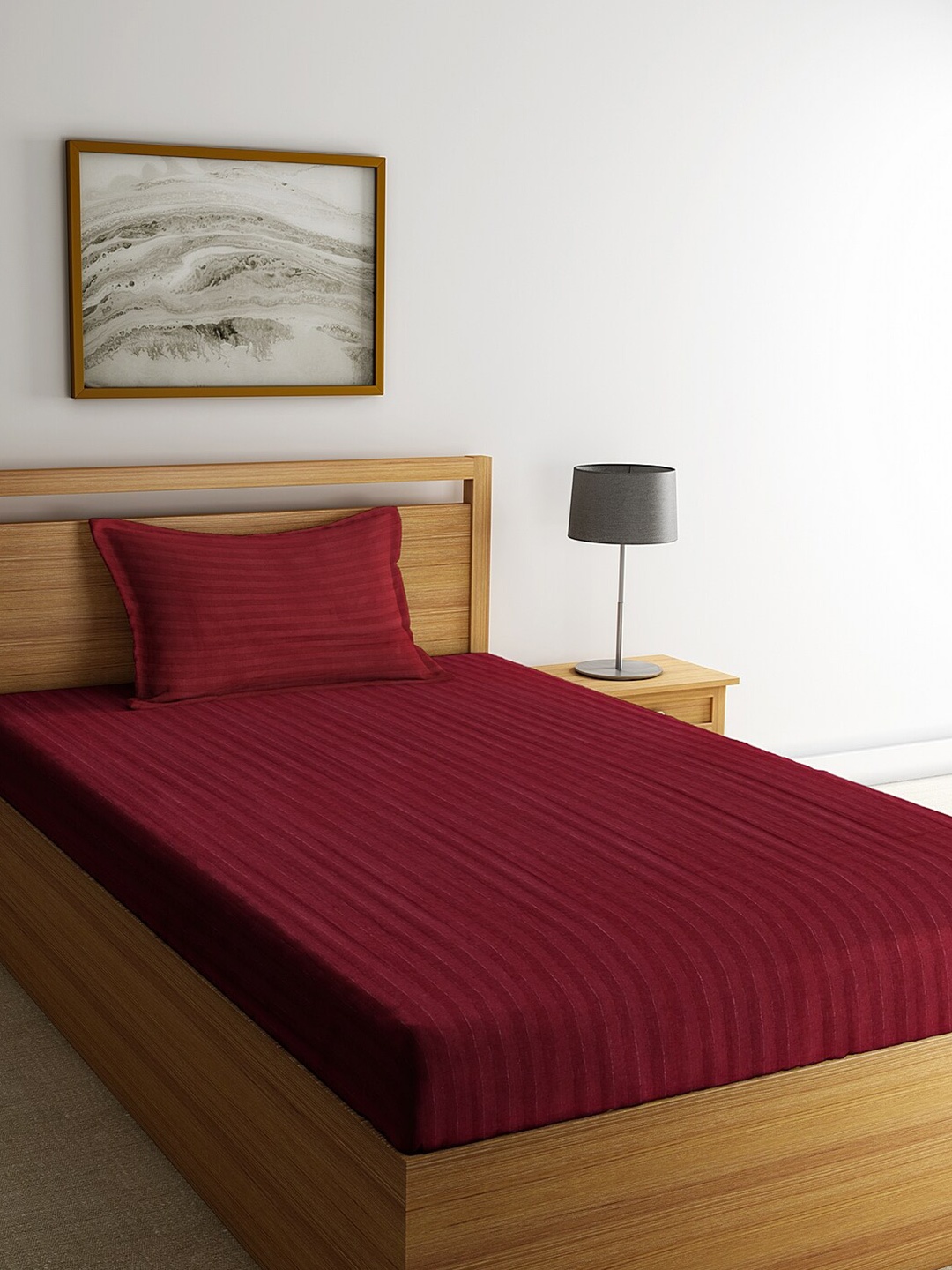 

HOSTA HOMES Maroon Striped 300 TC Single Cotton Flat Bedsheet With Pillow Cover