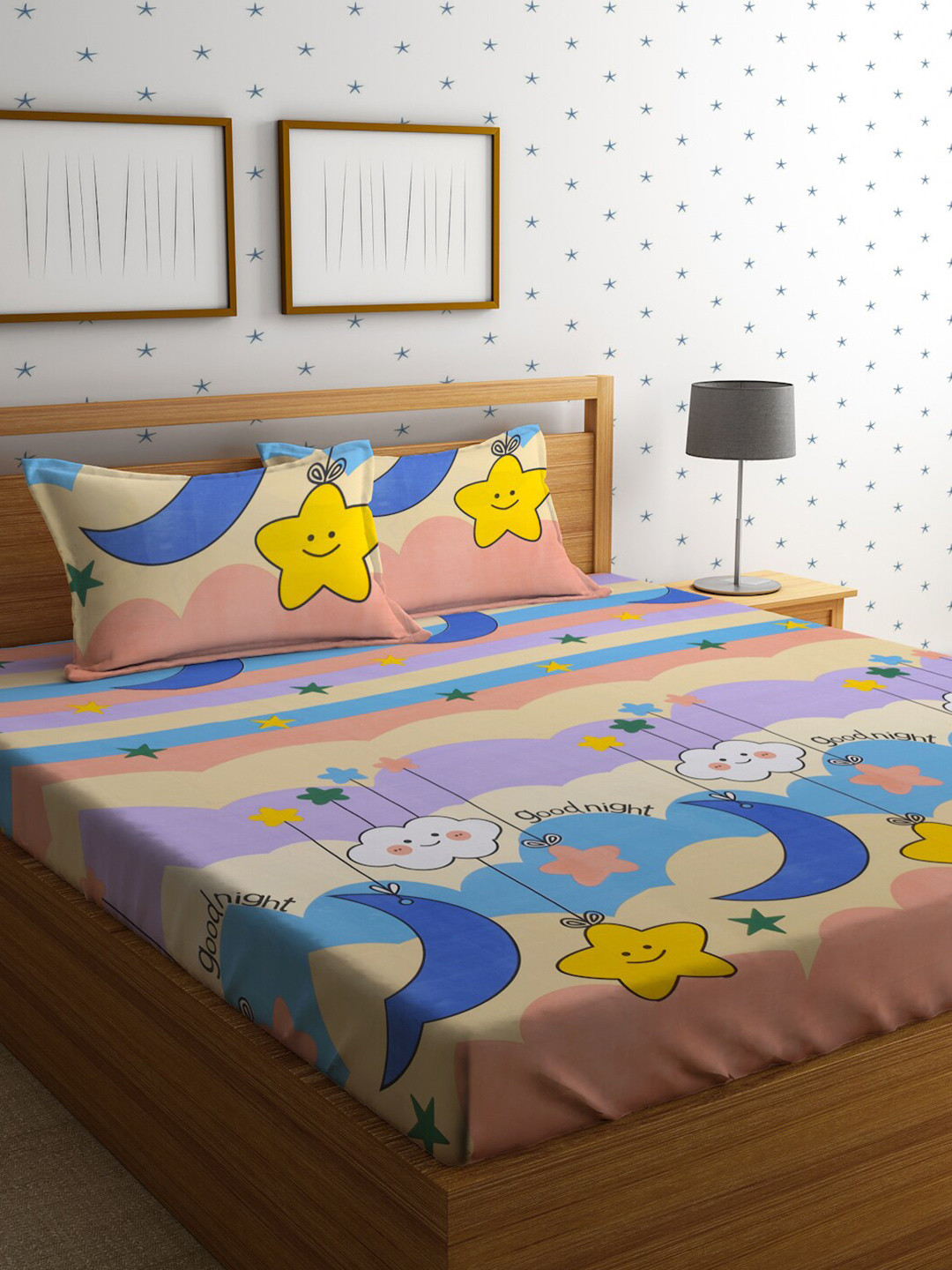 

HOSTA HOMES Kids Yellow & Blue Printed 210 TC Queen Flat Bedsheet With 2 Pillow Covers