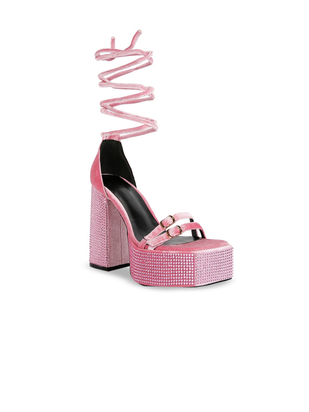 

RAG & CO Textured Velvet Platform Heels Gladiators with Bows, Pink