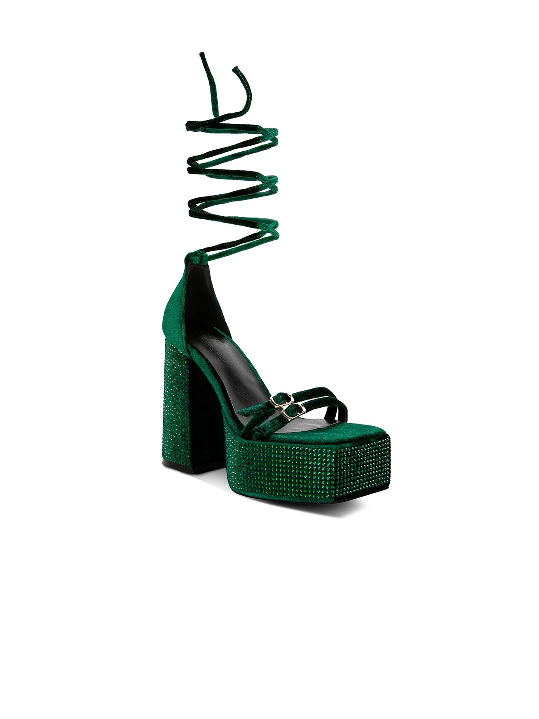 

RAG & CO Velvet Party Block Heels With Lace up, Green