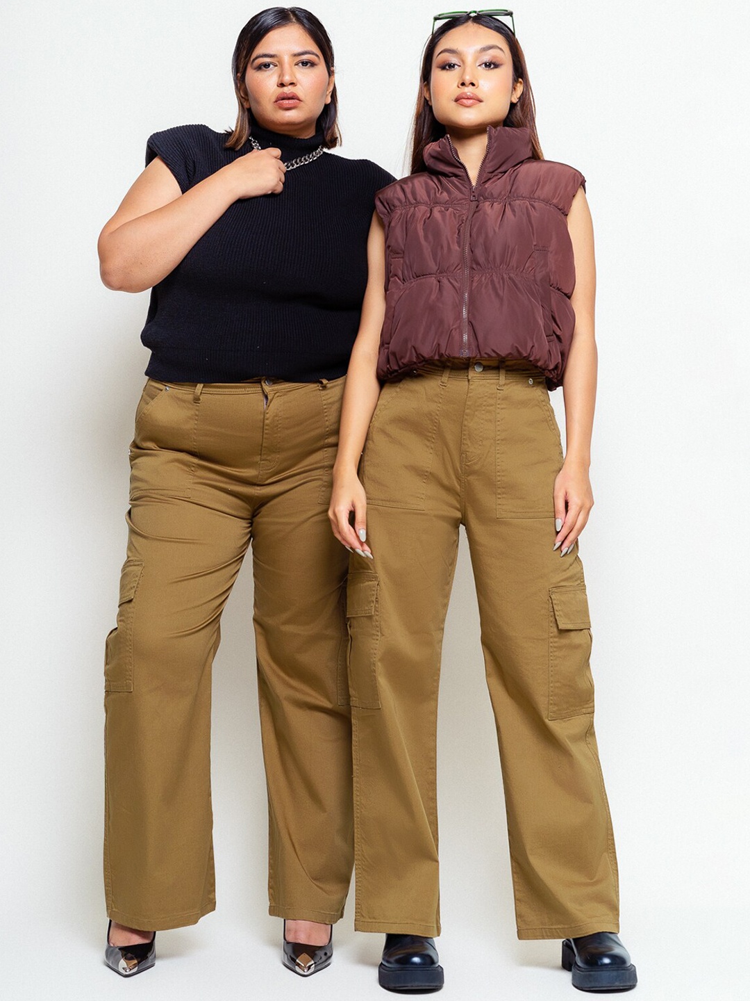 

FREAKINS Women Straight Fit Pure Cotton High-Rise Cargos Trousers, Brown