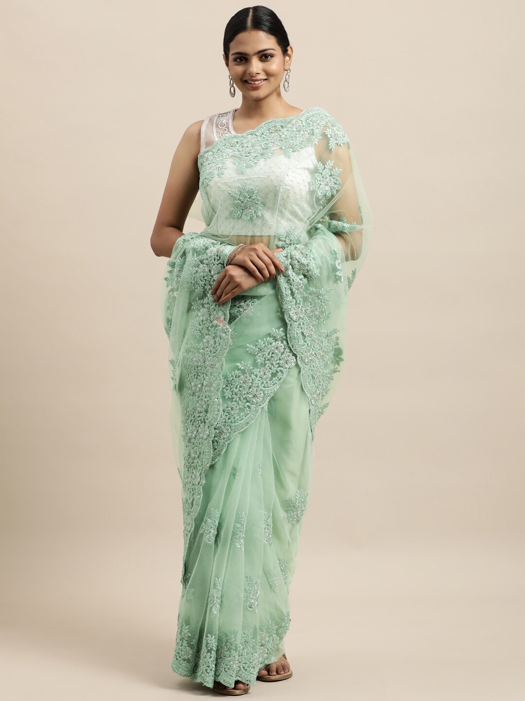 kasee Blue Floral Embroidered Net Heavy Work Saree