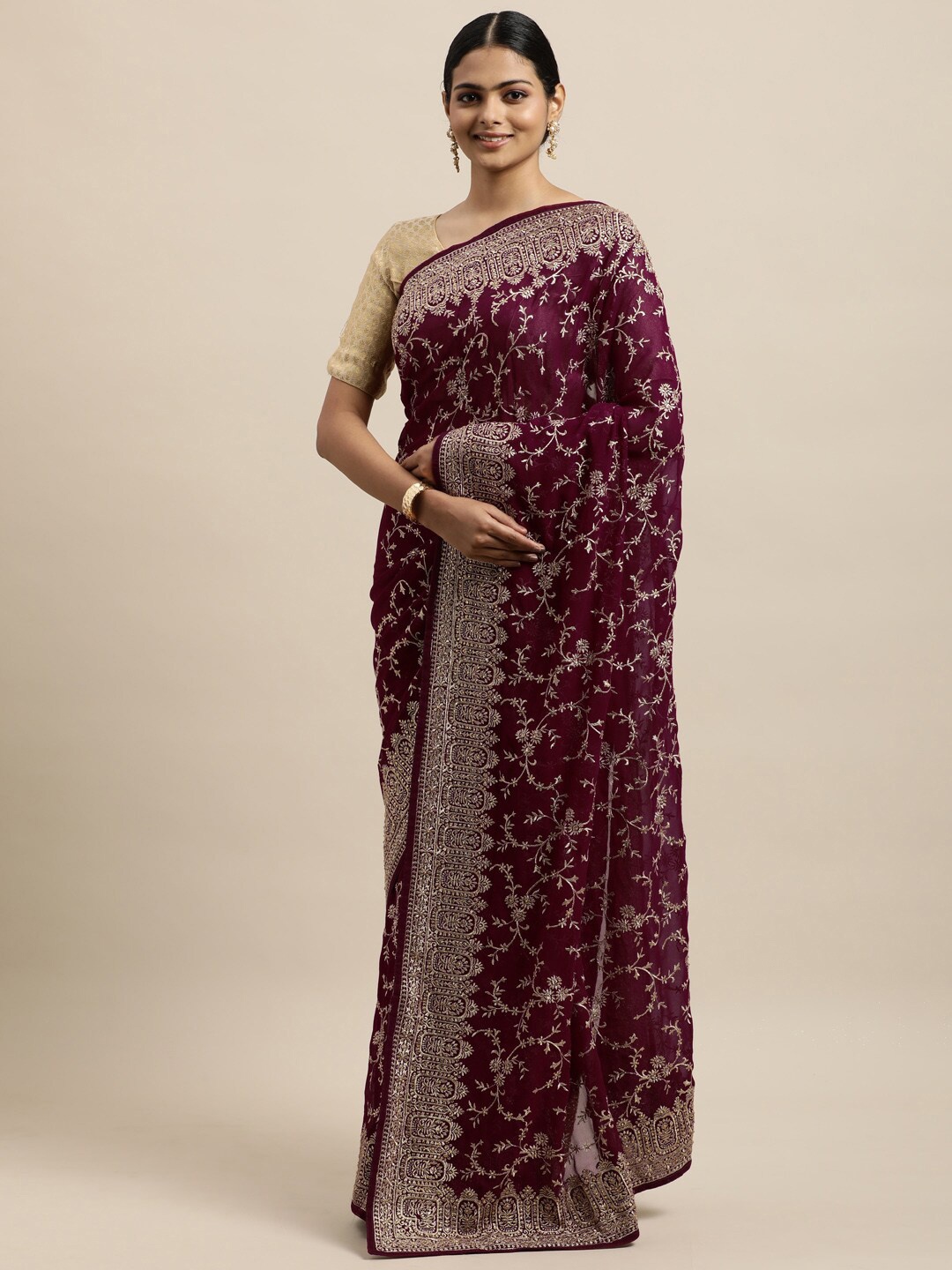 

kasee Red & Gold-Toned Embellished Embroidered Heavy Work Saree