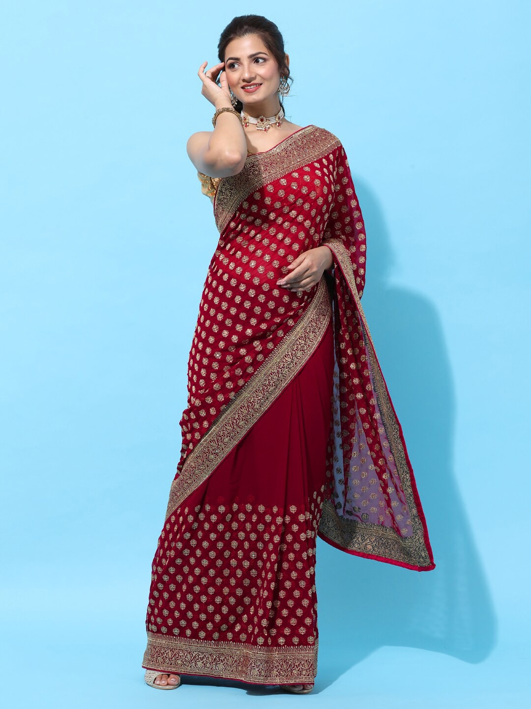 

kasee Red & Gold-Toned Ethnic Motifs Embroidered Heavy Work Saree