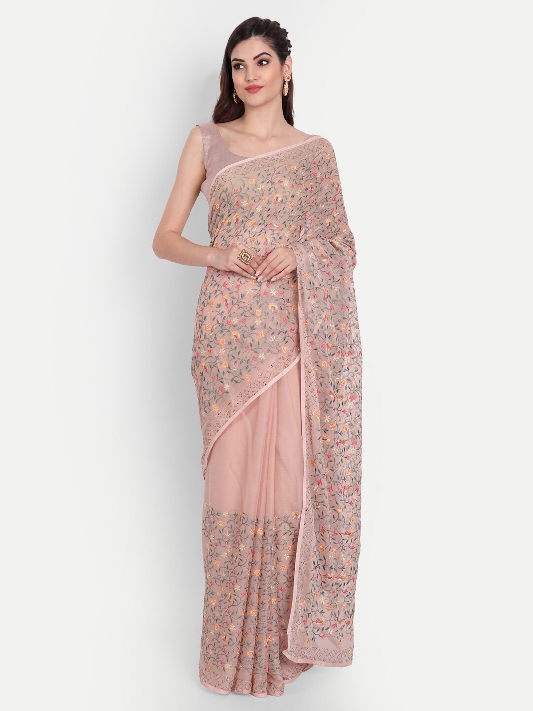 

kasee Pink & Yellow Floral Beads and Stones Saree
