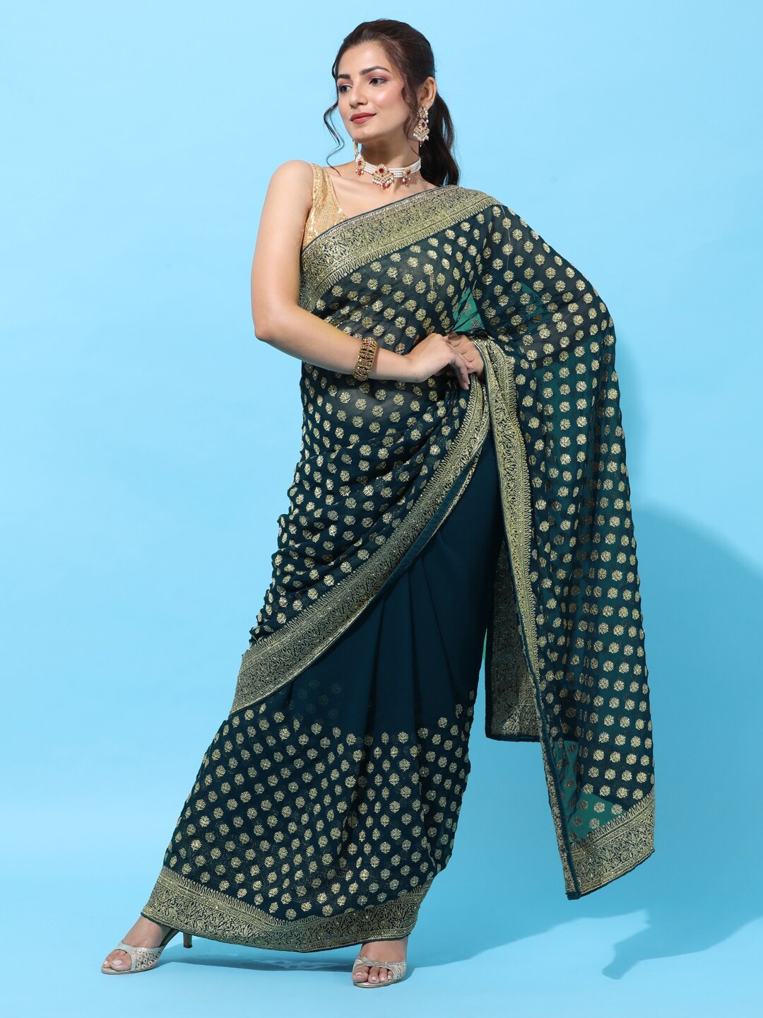 

kasee Blue & Gold-Toned Floral Embroidered Saree