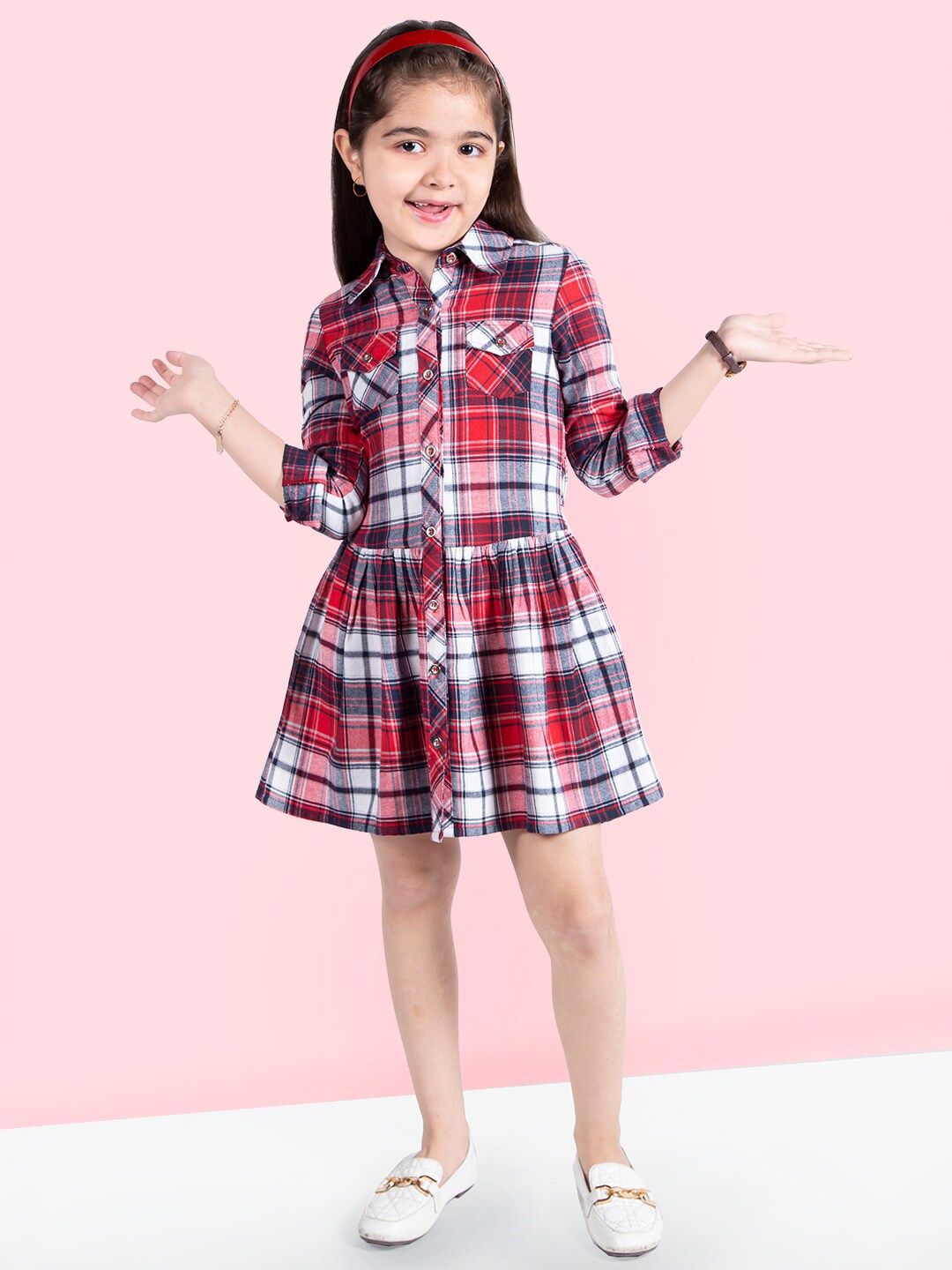 

Naughty Ninos Girls Checked Flared Pure Cotton Shirt Dress, Red