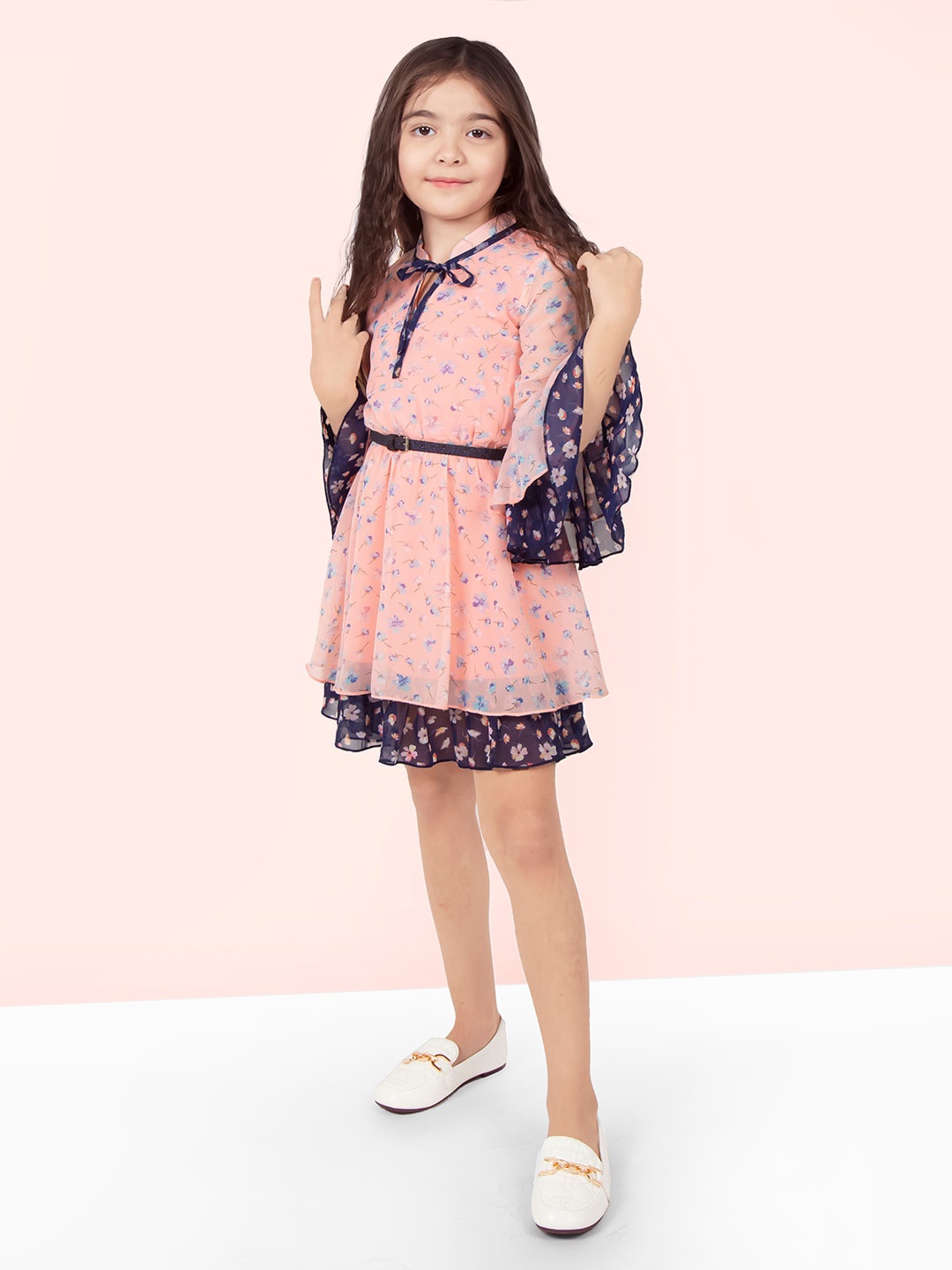 

Naughty Ninos Girls Floral Printed Tie-Up Neck Layered Fit & Flare Dress, Pink