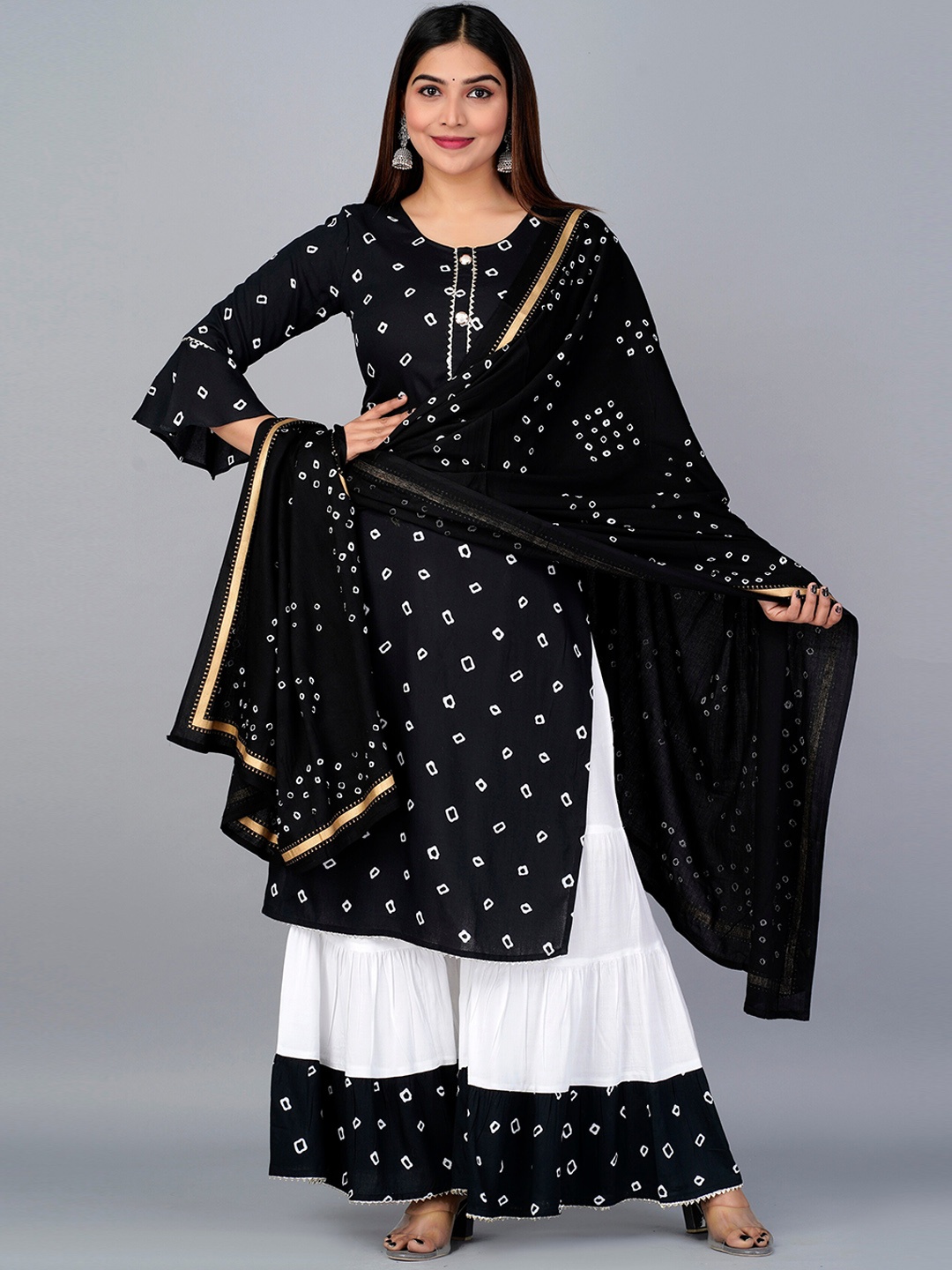 

KALINI Bandhani Printed Kurta with Sharara & Dupatta, Black