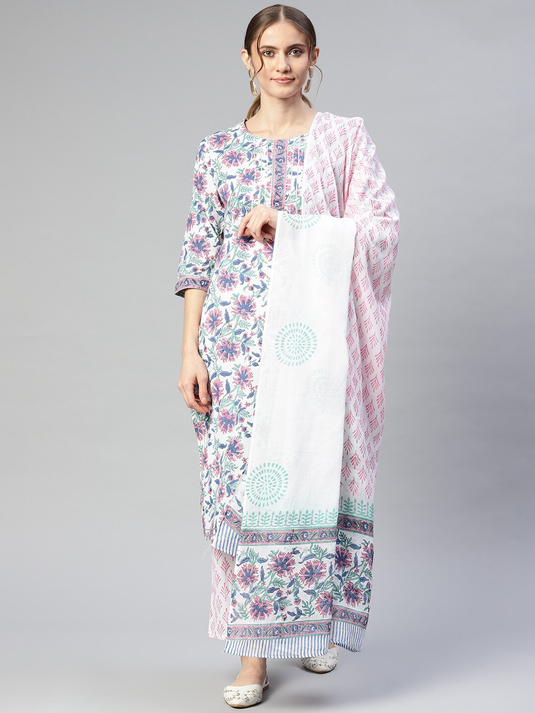 

RIVI Women Floral Printed Pure Cotton Kurta with Trousers & Dupatta, White