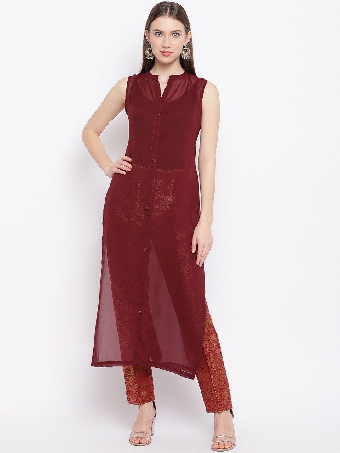 

RIVI Women High Slit Kurta with Trousers, Maroon