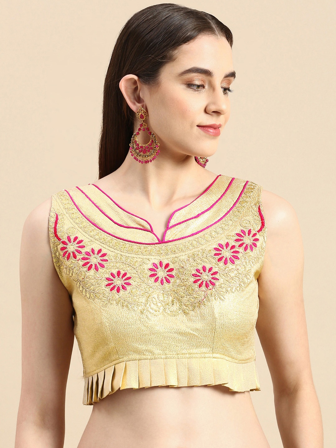 

flaher Women Beige & Pink Embroidered Art Silk Saree Blouse