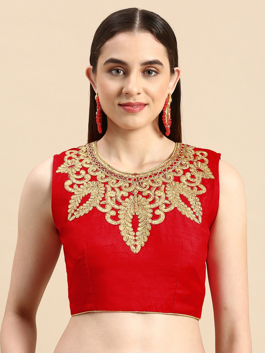 

flaher Women Red & Gold-Toned Embroidered Art Silk Saree Blouse