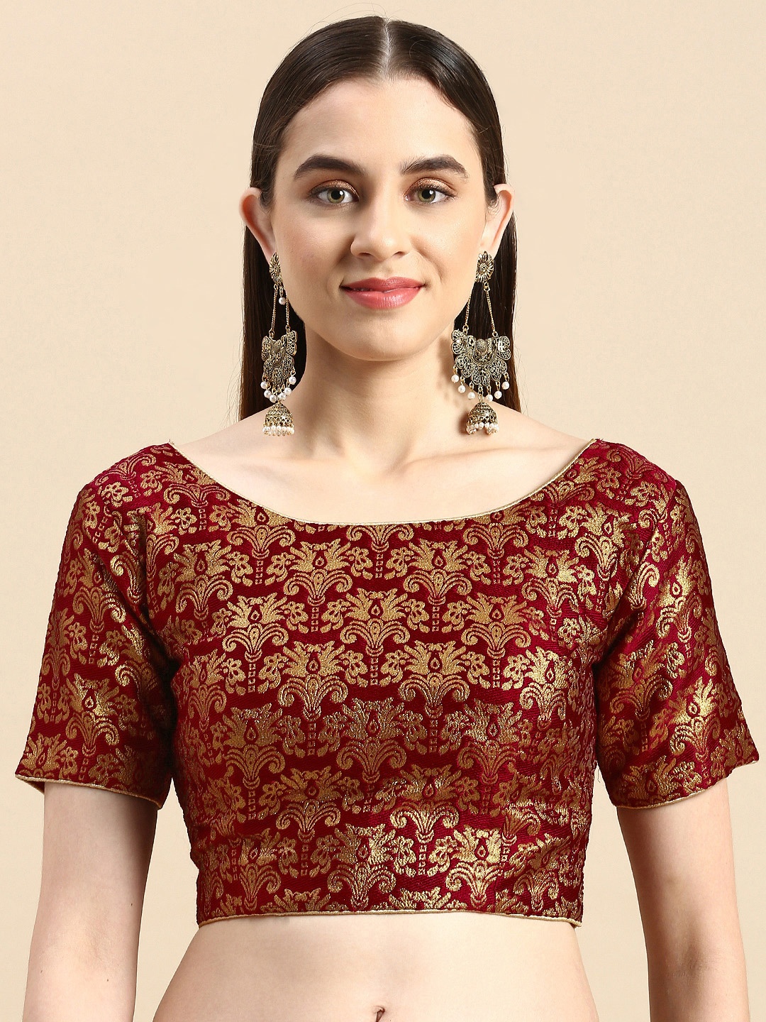 

flaher Women Ethnic Motifs Woven Design Art Silk Padded Blouse, Maroon